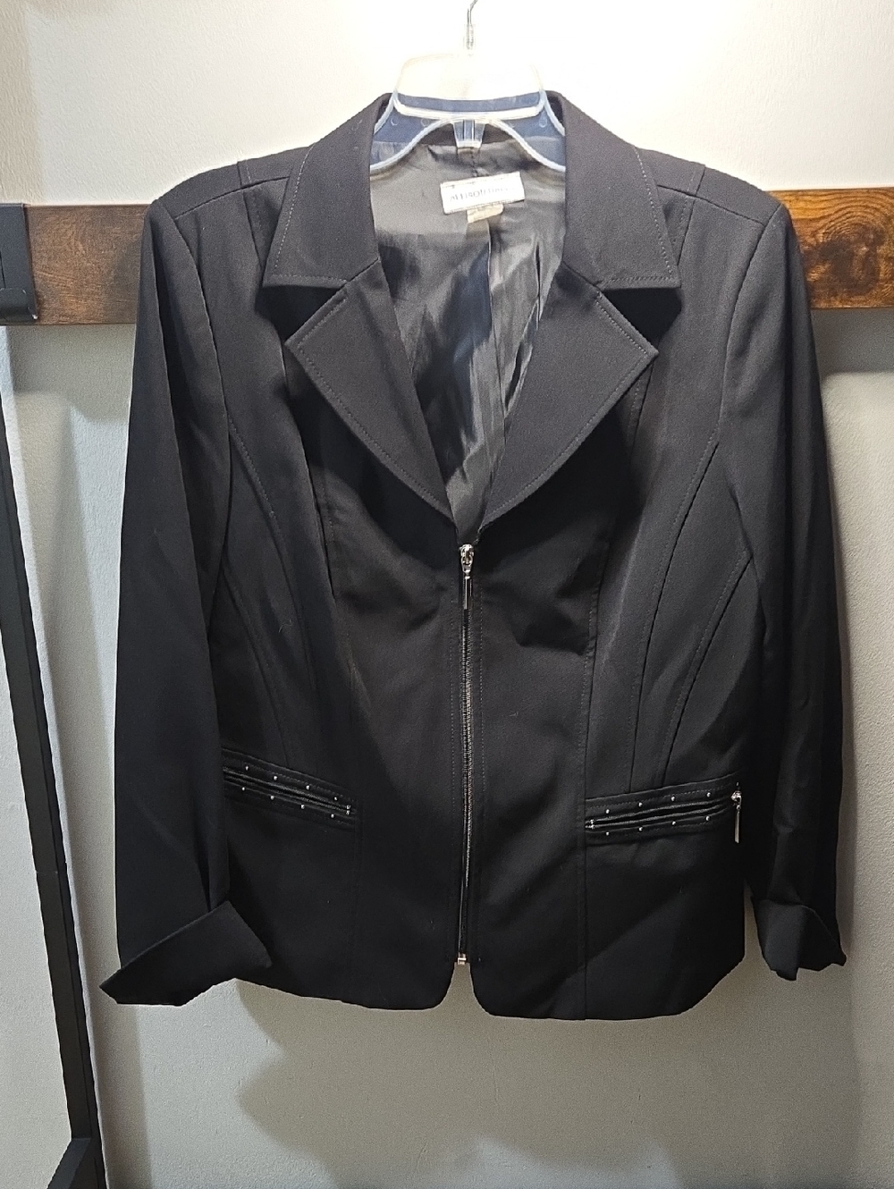 Allison Daley Black Zip-Front Blazer with Studded Pocket Trim